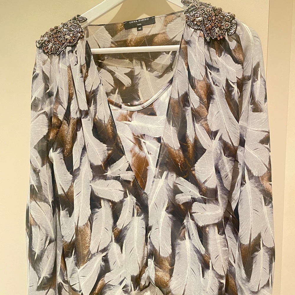 Orna Farho Semi-Sheer Feather Print Top - Brown and White